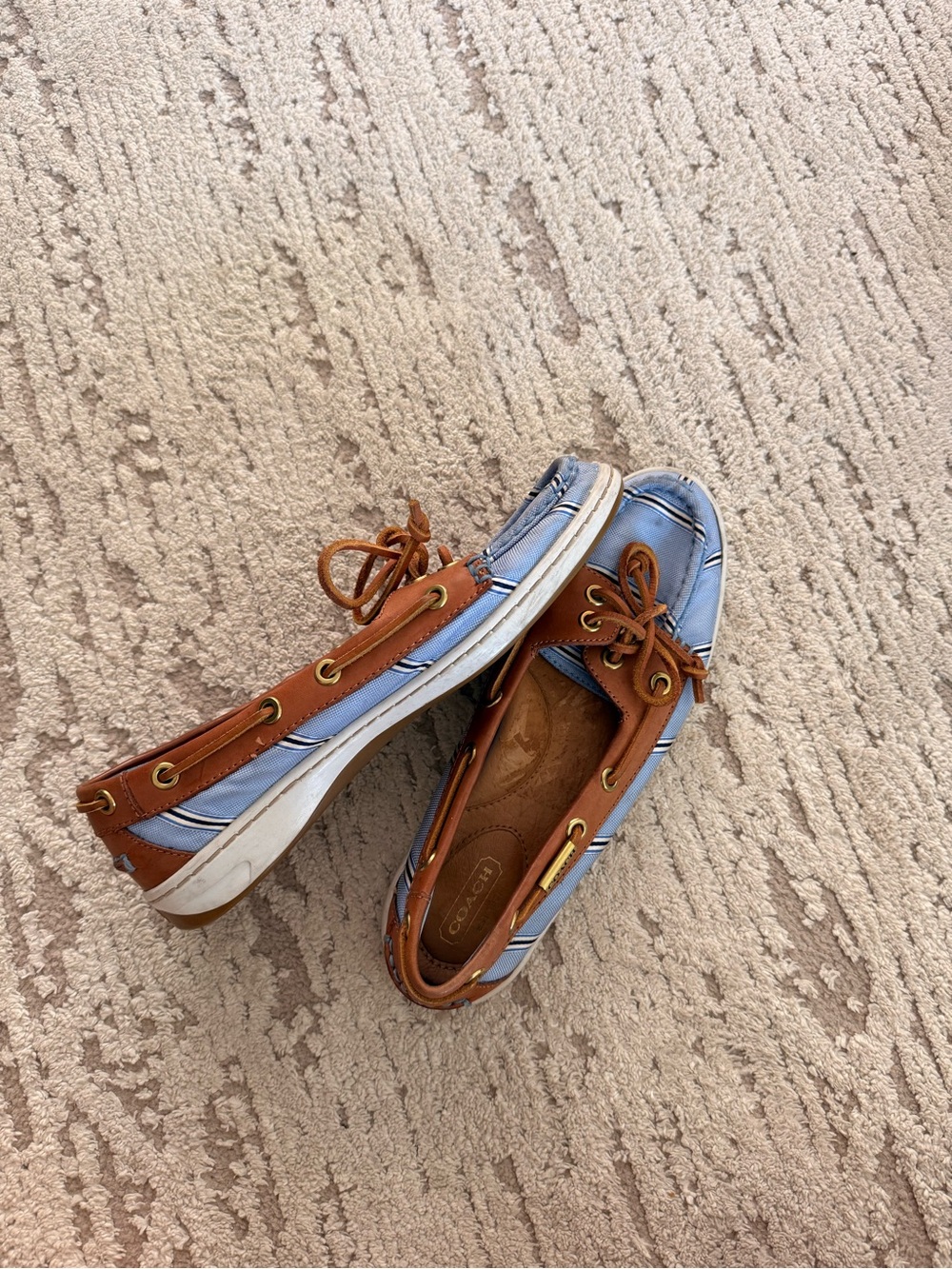 Coach Light Blue Canvas & Brown Leather Boat Loafers